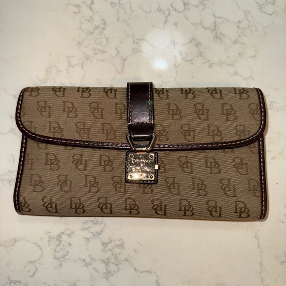 Dooney & Bourke Vintage Brown Canvas with Leather Trim Bifold Wallet Gold Buckle - Picture 2 of 16